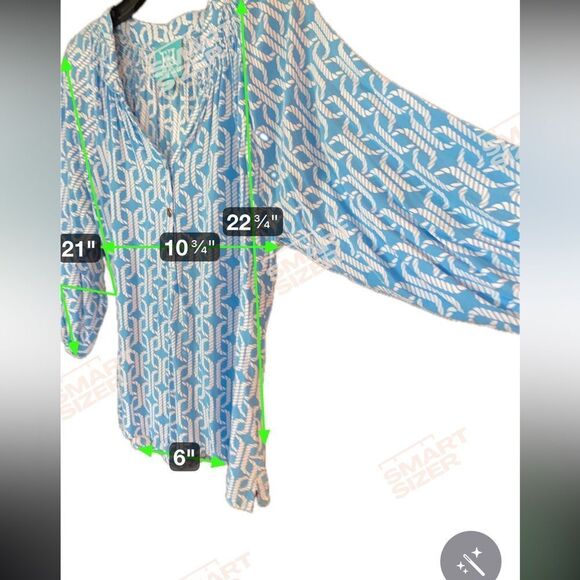 Escapada Sz M Blue & White Nautical Print Flowy Sleeve Summer Top - Picture 7 of 7
